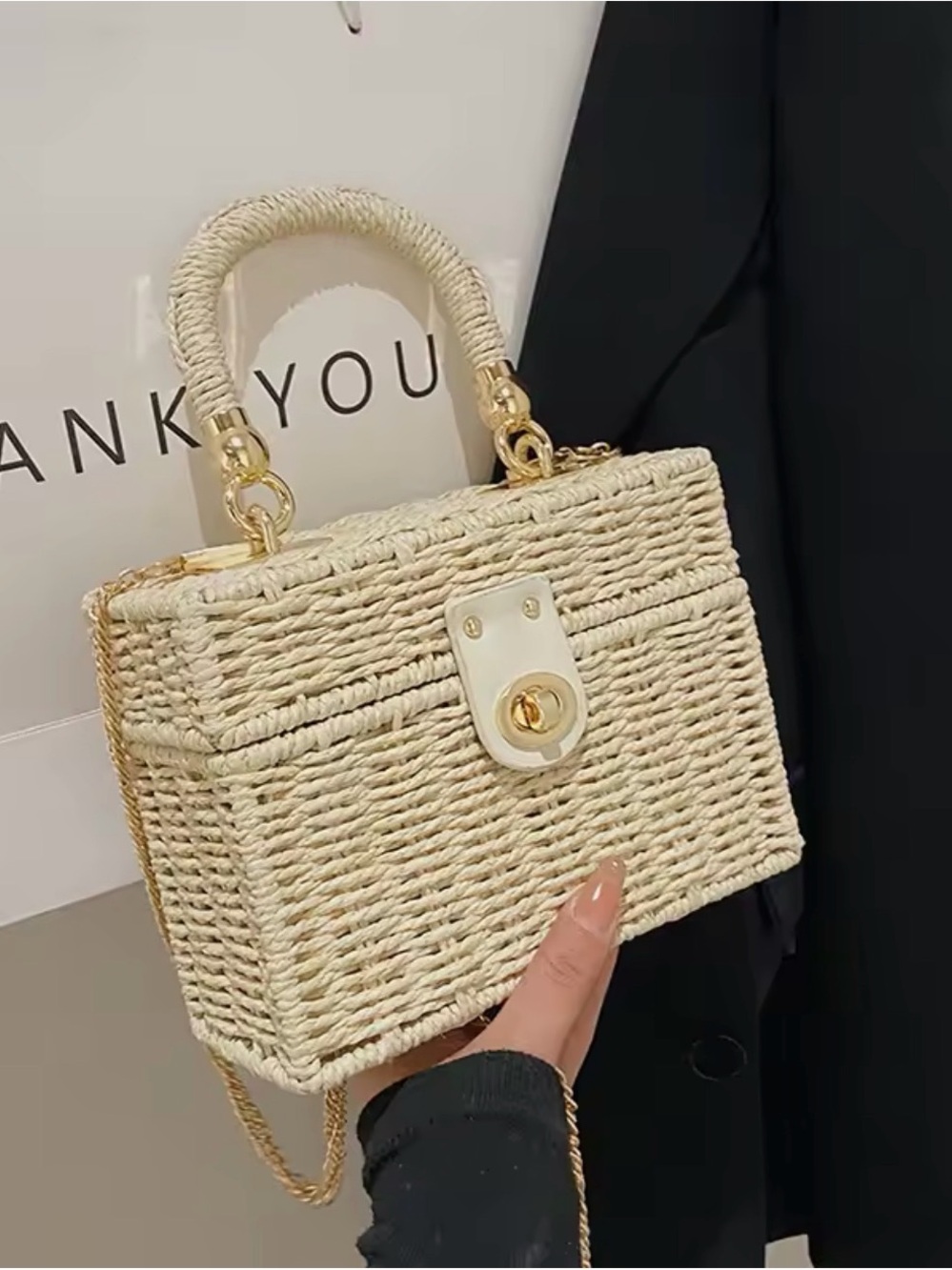 Cream Woven Mini Box Bag with Gold Hardware